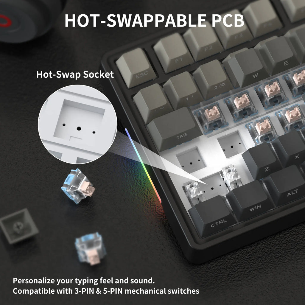 7KEYS BJ75 Compact Wireless Mechanical Keyboard with RGB Color Changing Lights, 75% Gasket-Mount Gaming Keyboard, Volume Knob, Tri-Mode Connection (Bluetooth 5.0-2.4G-USB-C), Hot-Swappable Switches, Side Lighting, Batteries Included, for Pc/Mac/Linux