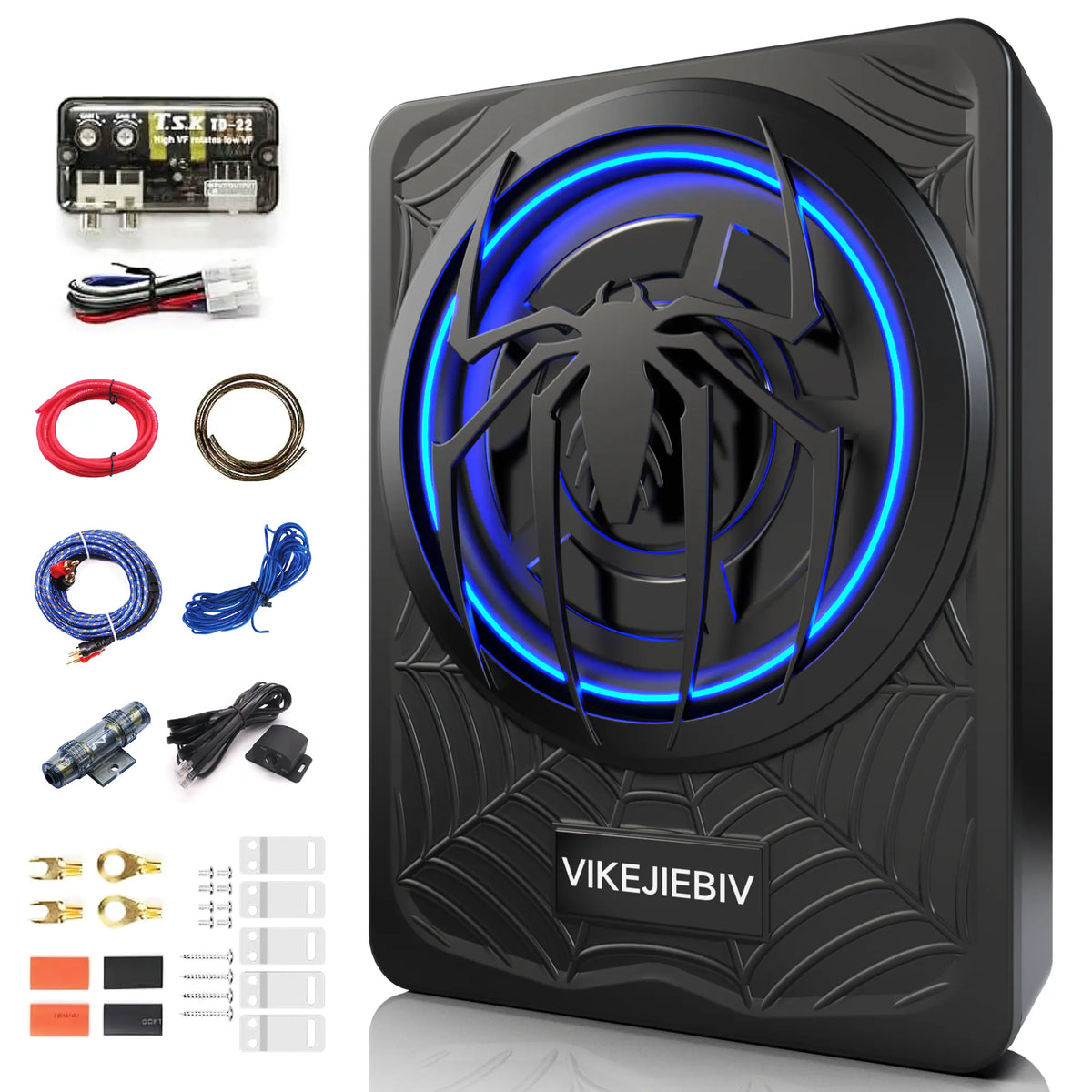 ECHOMUSSY 1200W Slim Design Aluminum Underseat Car Subwoofer & Amplifier Package - Ambient Light, Car Stereo Speaker, Individual Low Pass/Gain/Boost Bass Control, Accessory for SUV, Pickup, MVP