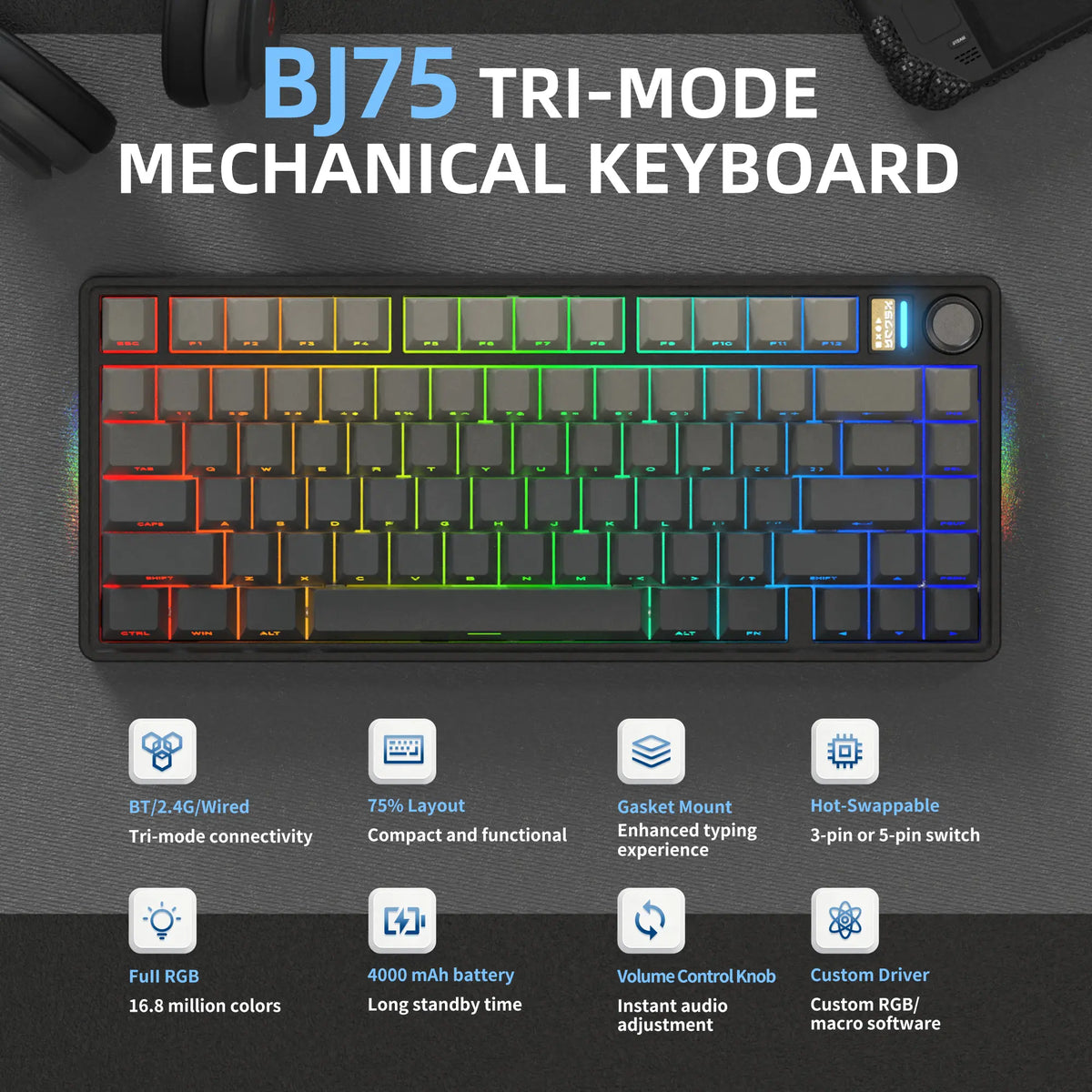 7KEYS BJ75 Compact Wireless Mechanical Keyboard with RGB Color Changing Lights, 75% Gasket-Mount Gaming Keyboard, Volume Knob, Tri-Mode Connection (Bluetooth 5.0-2.4G-USB-C), Hot-Swappable Switches, Side Lighting, Batteries Included, for Pc/Mac/Linux