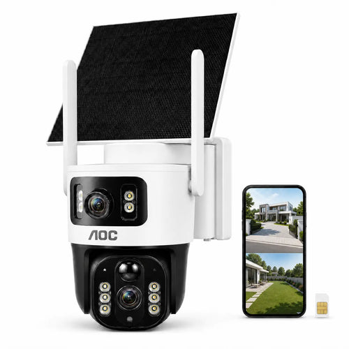 AOC 4G LTE Solar Outdoor Digital Security Camera - Dual-Lens Dual-View, AI Auto Tracking, Color Night Vision, 2-Way Audio, IP65, 10400Mah Charging, No Wifi Needed, Recording Protection Device for Home, 7-Day Free Trial Then 4G Plan Required