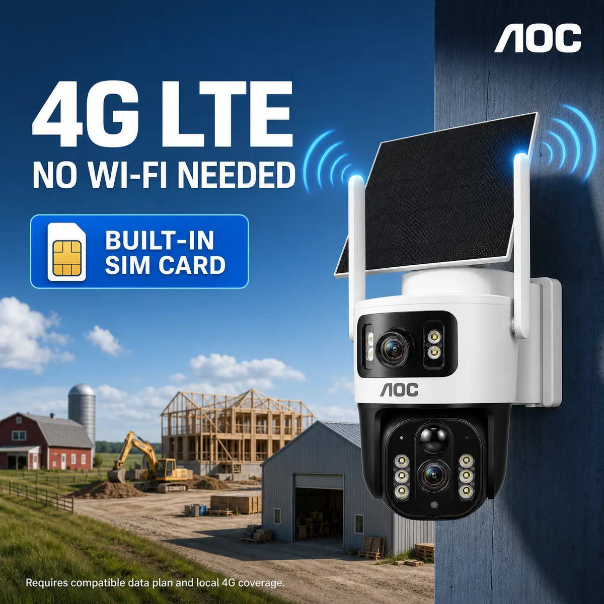 AOC 4G LTE Solar Outdoor Digital Security Camera - Dual-Lens Dual-View, AI Auto Tracking, Color Night Vision, 2-Way Audio, IP65, 10400Mah Charging, No Wifi Needed, Recording Protection Device for Home, 7-Day Free Trial Then 4G Plan Required