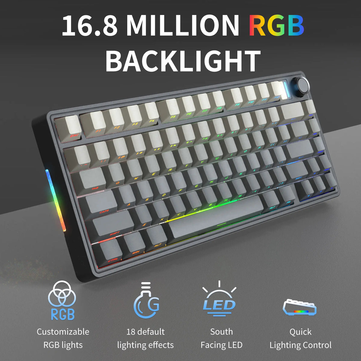 7KEYS BJ75 Compact Wireless Mechanical Keyboard with RGB Color Changing Lights, 75% Gasket-Mount Gaming Keyboard, Volume Knob, Tri-Mode Connection (Bluetooth 5.0-2.4G-USB-C), Hot-Swappable Switches, Side Lighting, Batteries Included, for Pc/Mac/Linux
